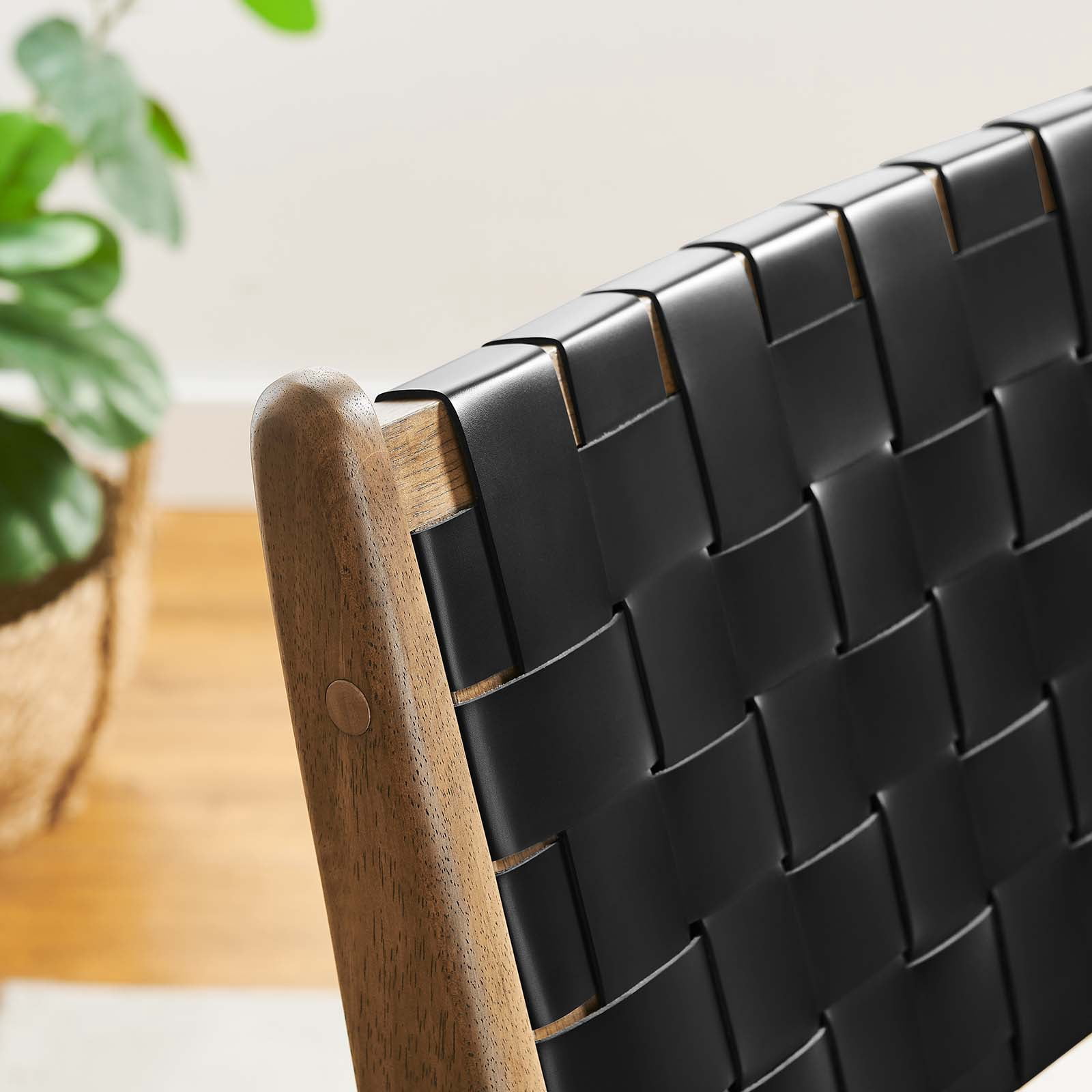 Modway Saoirse 17.5" Woven Leather Dining Side Chair in Walnut/Black (Set of 2)