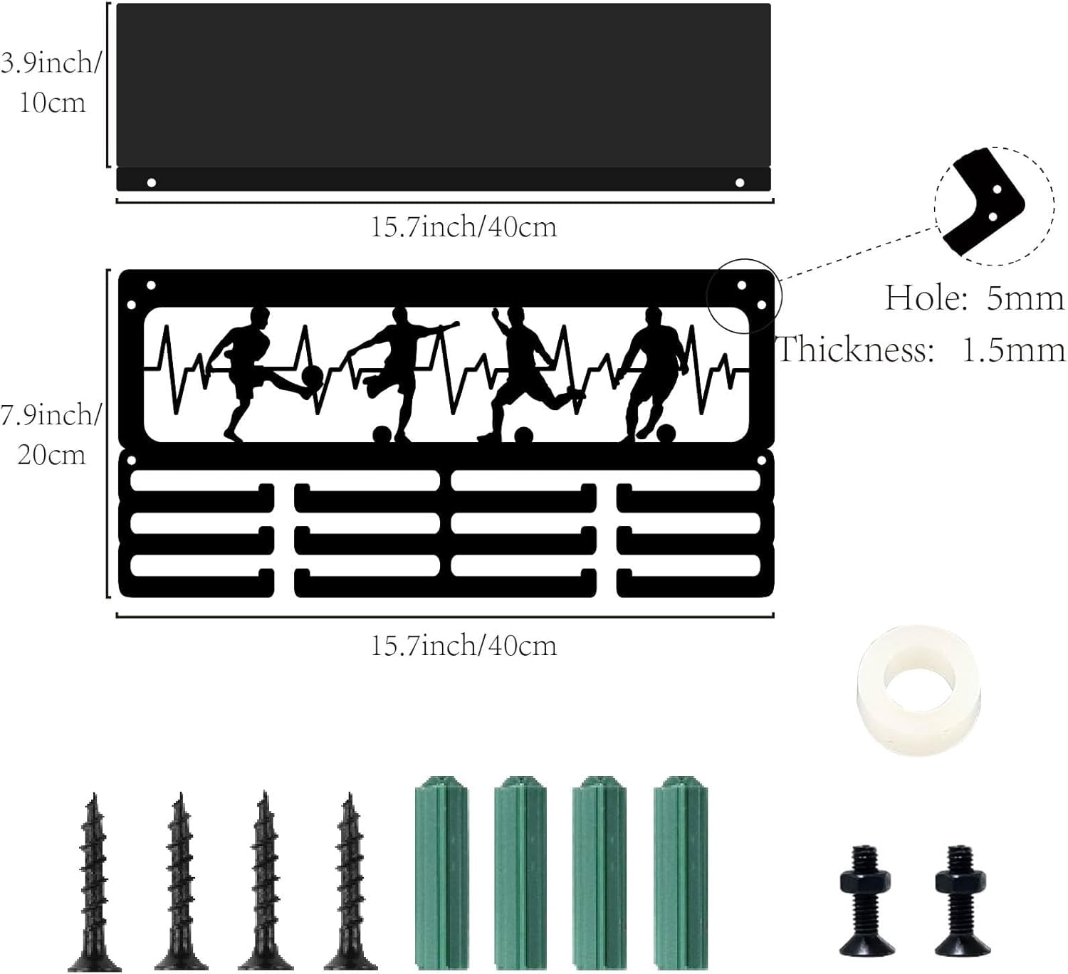 Sports Medal Holder Football Medal Hanger Trophy Shelf with 3 Rows 12 Hooks Metal Medal Display for Wall Mount Hanging 60+ Medals Rack Frame for Soccer Awards Ribbon Race 15.7 x 8 x 4 Inch for DIY