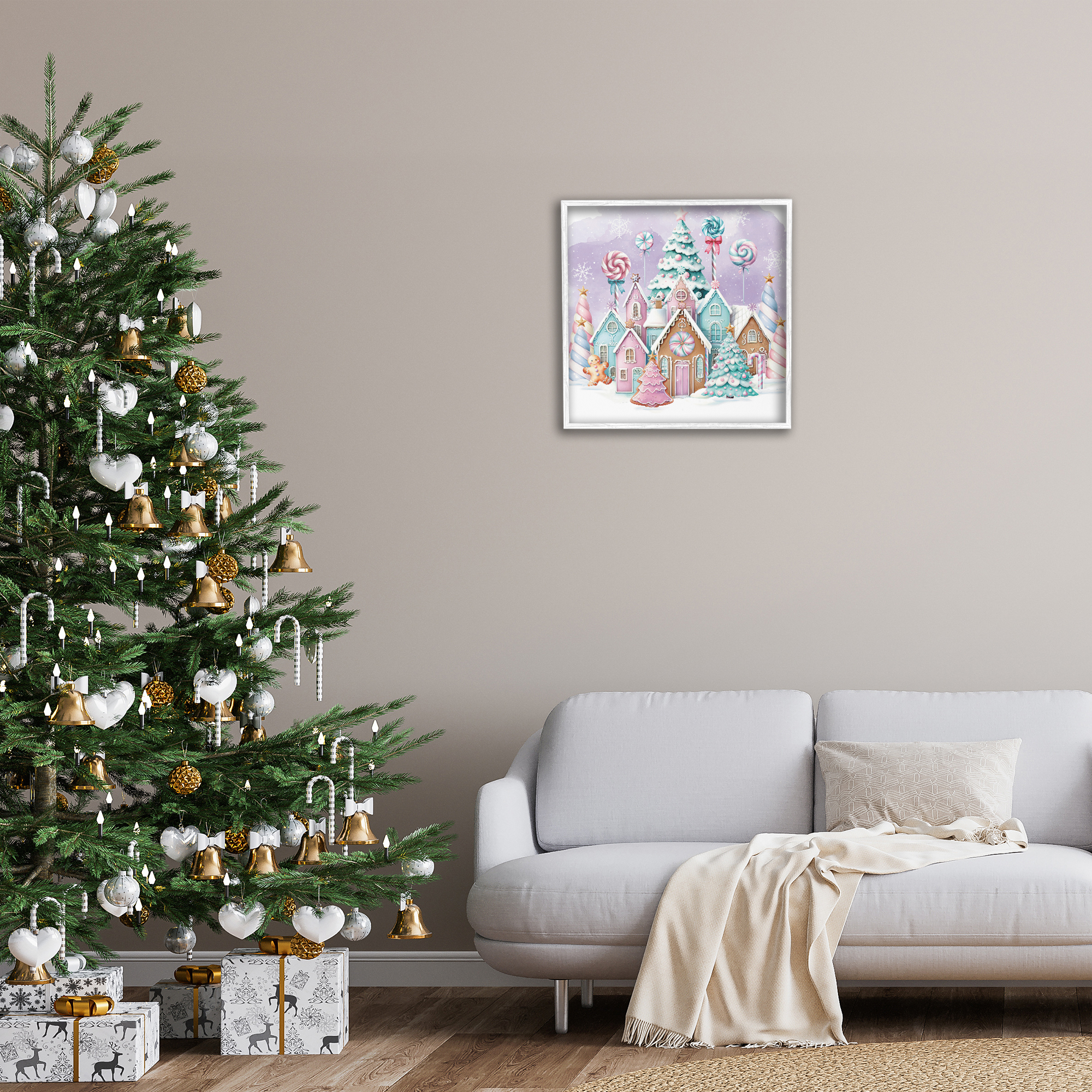 Stupell Industries Gingerbread Candy Town Holiday Painting White Framed Art Prints Wall Art, 24 x 24