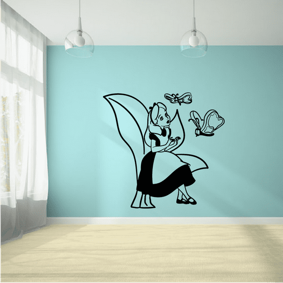 Alice In Wonderland Alice Sitting On A Flower Cute Fun Boys And Girls Room Wall Sticker Vinyl Decal Home Decor For Boys/Girls Children Room Home Bedroom Decoration Sticker Size (18x20 inch)