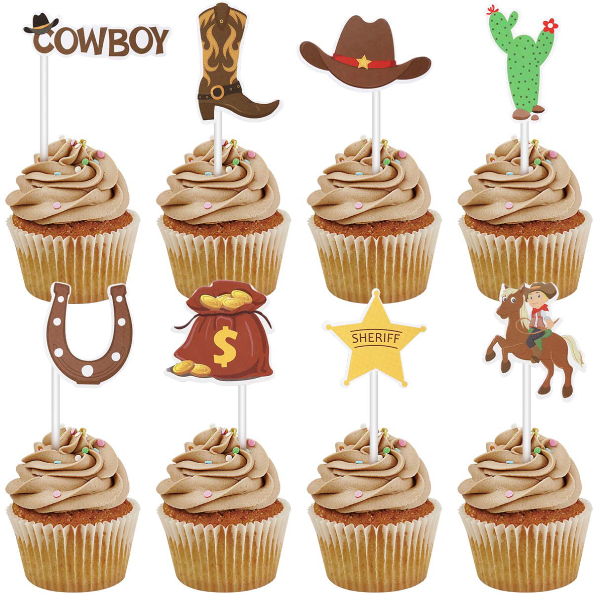 72PCS Cowboy Cupcake Toppers Western Theme Cake Topper Cowboy Cake Picks Cake Decoration For Cowboy Birthdays