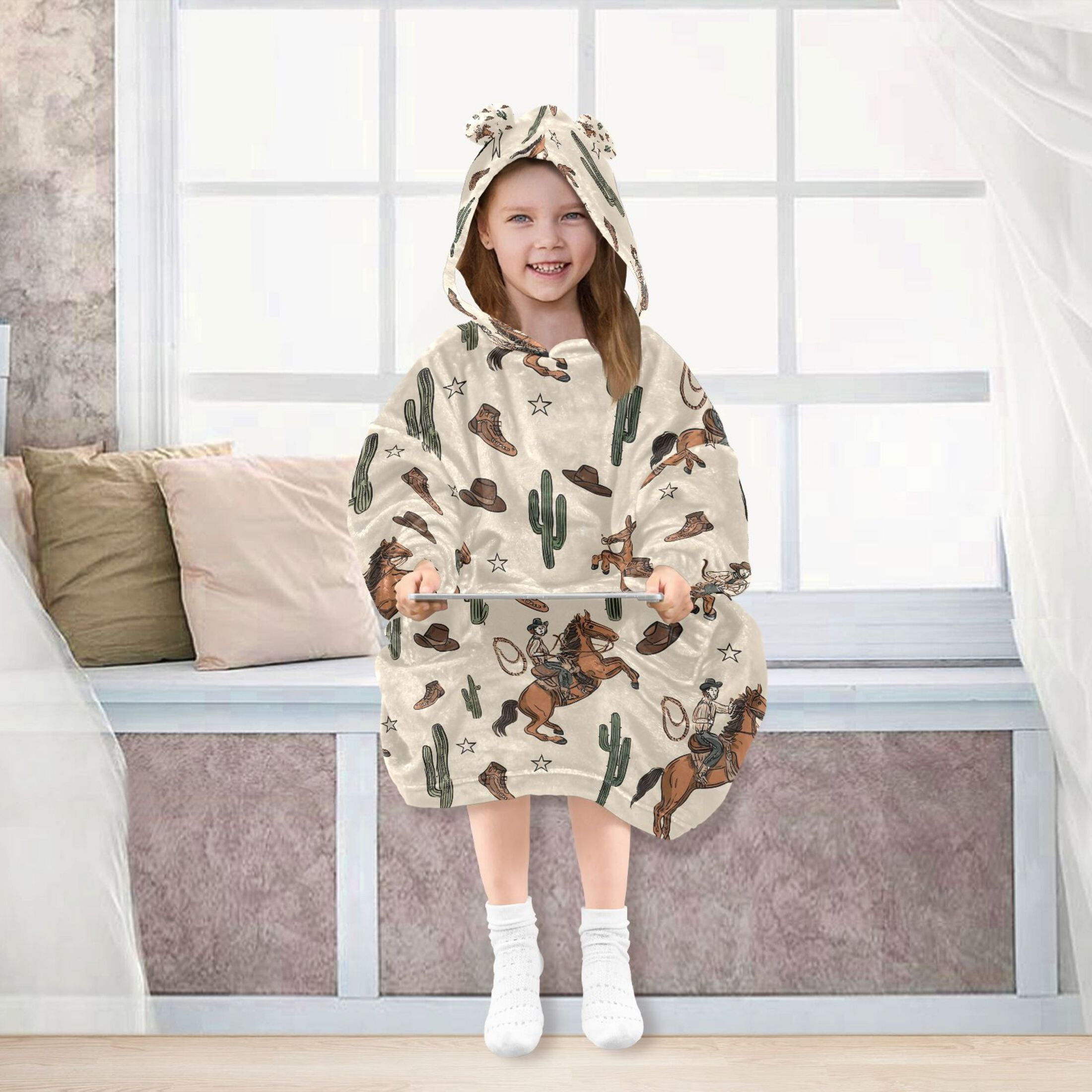 joogoo Wearable Blanket Hoodie for Cactus Cowboys Flannel Sherpa Pocket 3-14 YR S
