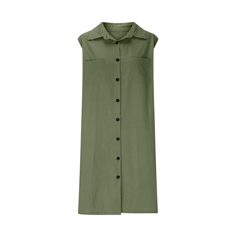Llywey Women's Sleeveless Shirt Dress - Soft Linen Button-up Collared Knee Length Dress with Pockets for Office Work Business Casual, Size: XL, Green Llywey Women's Sleeveless Shirt Dress - Soft Linen Button-up Collared Knee Length Dress with Pockets for Office Work Business Casual, Size: XL, Green