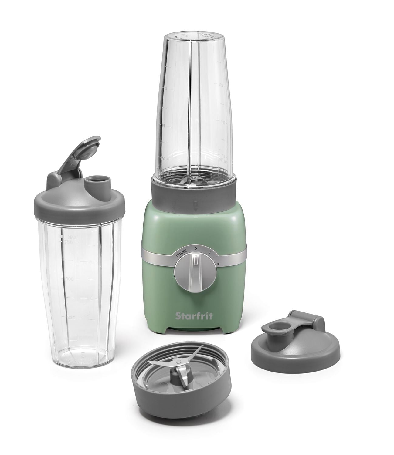 Starfrit 7 pcs 300W Personal Blender - Sage, 2x28oz(828 ML) Cups ,2xtravel lids, 2 blades,3 speed modes (low,high,pulse )