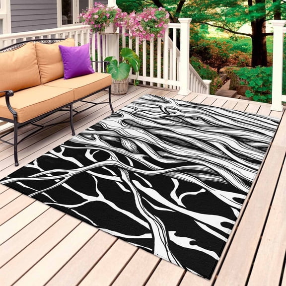 Black White Striped Outdoor Rug 4x6 Ft, Non Slip Washable Area Rug, Farmhouse Stripes Modern Abstract Art Patio Rugs Carpet Runner, Large Floor Mat for Indoor/Outdoor Deck Porch Camping
