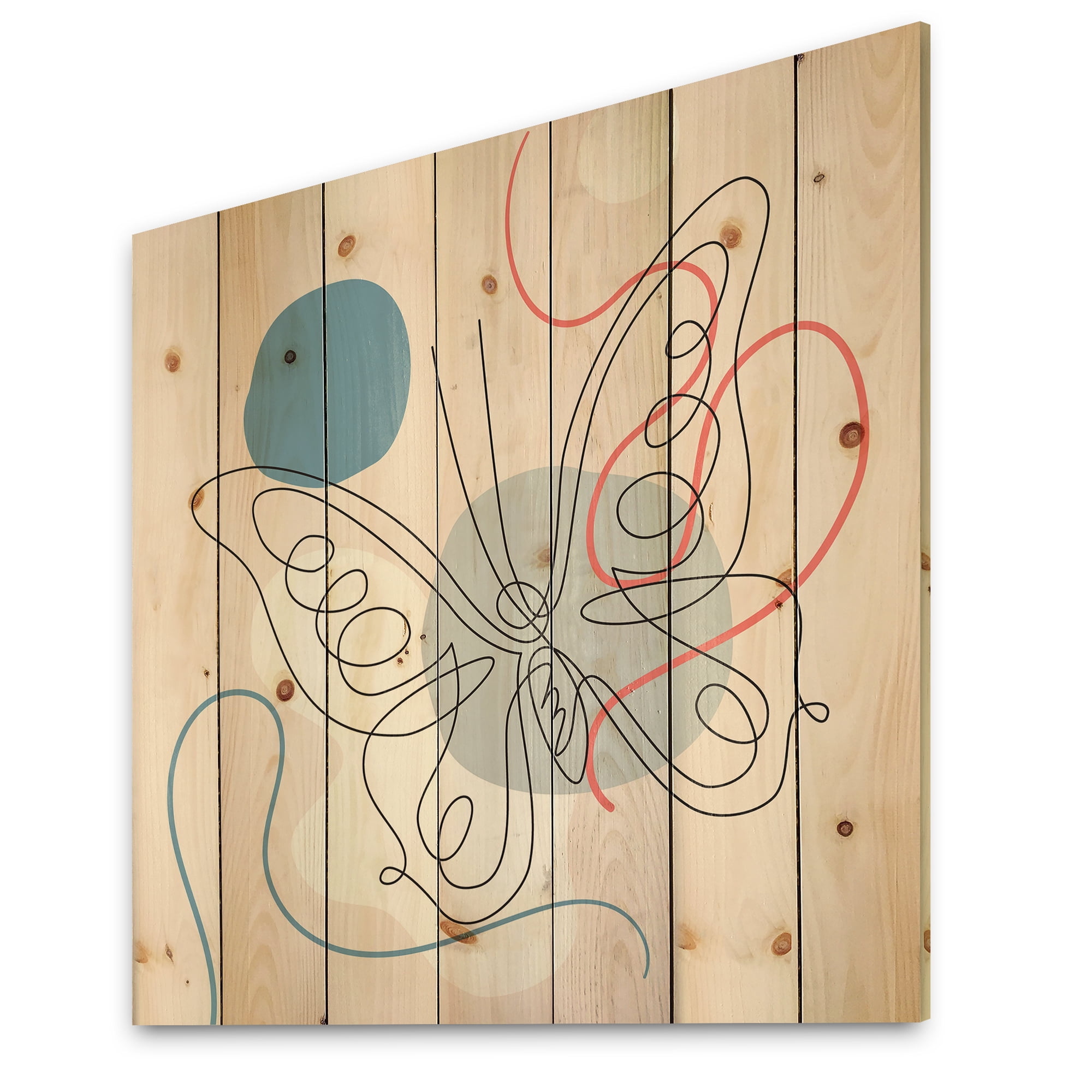 Designart 'One Line Butterfly Drawing On Cubism Shapes III' Modern Print on Natural Pine Wood