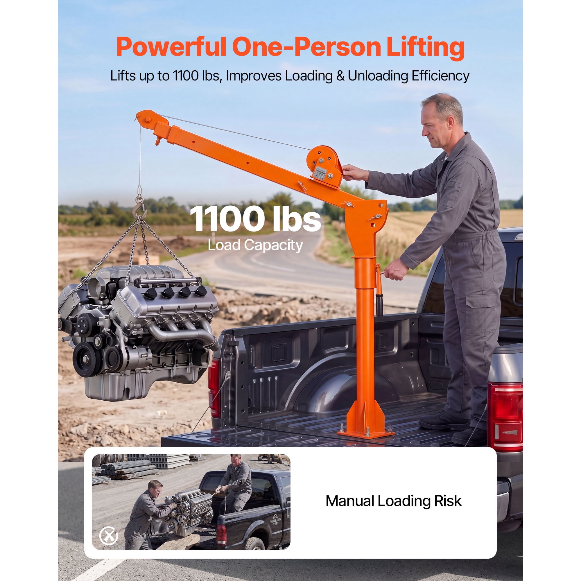 KFFKFF Truck Crane, 1100 lbs Manual Pickup Crane with Hand Winch, 360° Rotating Telescopic Boom, Durable Galvanized Steel, Foldable Jib for Lifting Heavy Loads in Machine Shops, Lumberyards