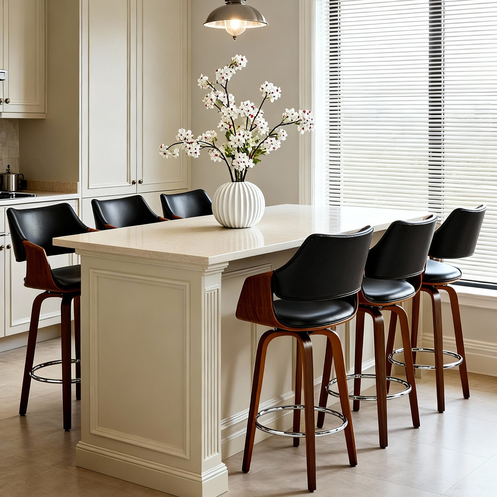 Guyou 26" Swivel Counter Stools Set of 2, Modern Barrel PU Kitchen Island Stools, Farmhouse Solid Wood Counter Height Barstools, Bar Height Island Chairs with Back and Wood Frame, Black
