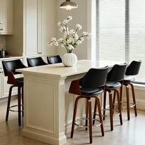 Guyou 26" Swivel Counter Stools Set of 6, Modern Barrel PU Kitchen Island Stools, Farmhouse Solid Wood Counter Height Barstools, Bar Height Island Chairs with Back and Wood Frame, Black