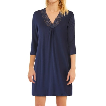 

GESJQFZ Women Front Pleated Lace Splicing V Neck 3/4 Sleeve Solid Color Pajama Nightdress