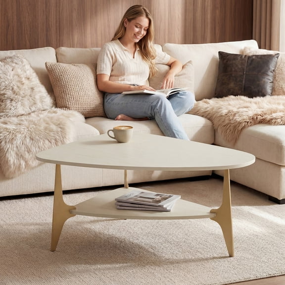 33.46" Oval Coffee Table with Storage Shelf, Modern Beige Wood Coffee Table for Living Room, 2-Tier Center Table with Artistic Gold Metal Legs, Small Space Accent Table