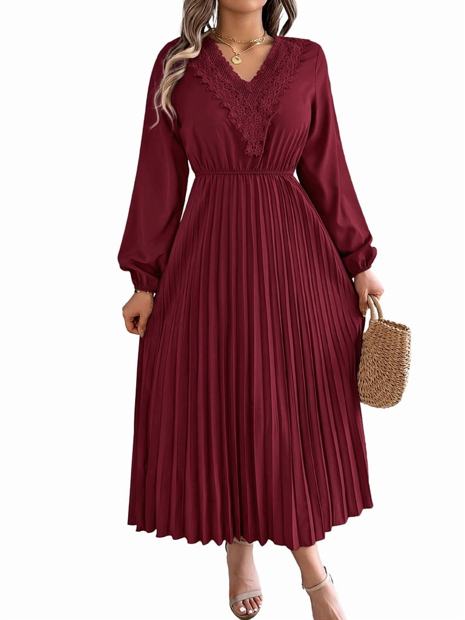 Women Fall Long Sleeve Dress Casual V Neck Pleated A Line Wine Red XL