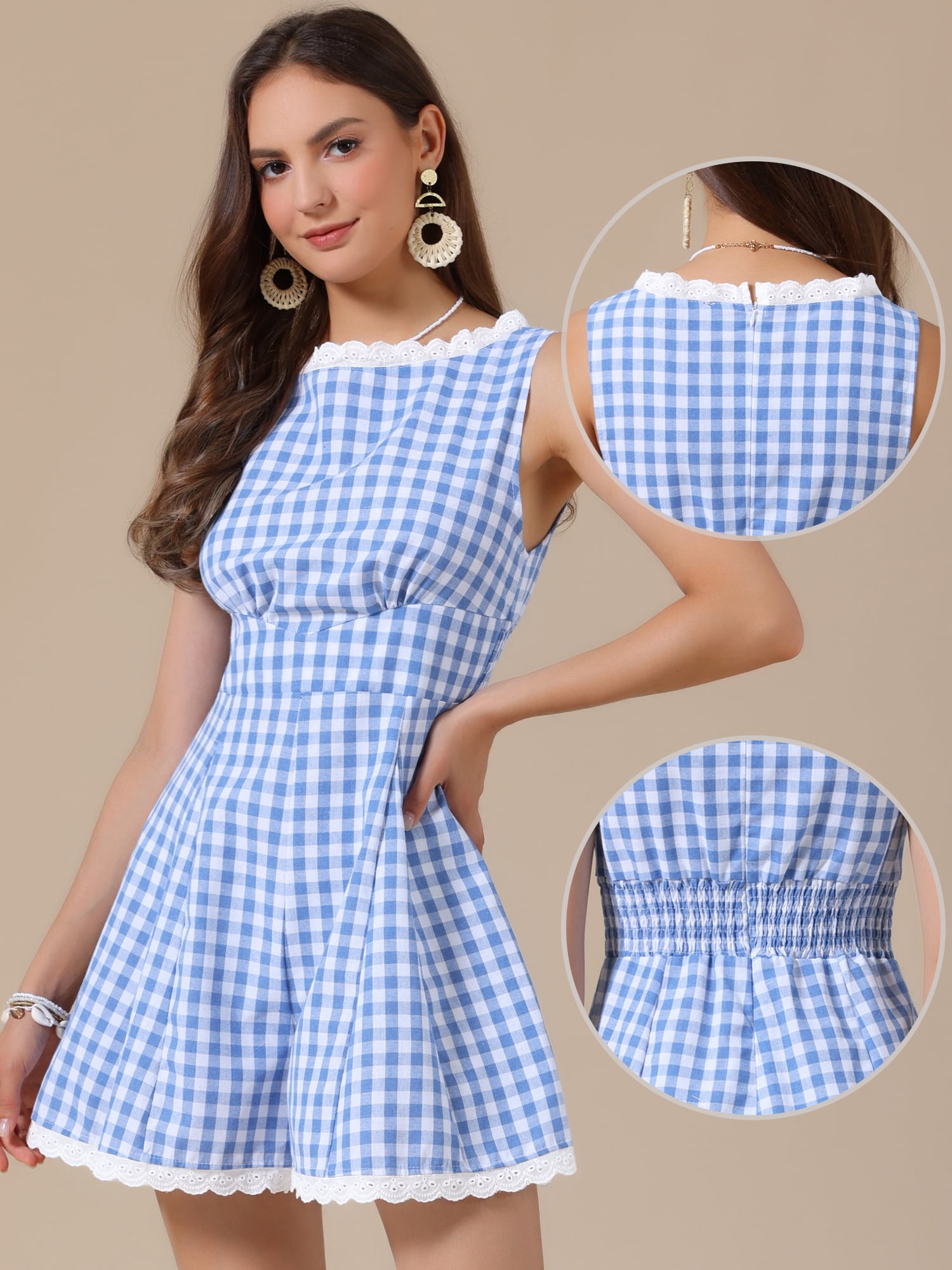 DARING DIVA Women's Stylish with Lace Trim and Smocked Waist Small Light Blue
