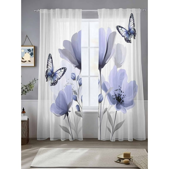Spring Flowers Sheer Curtains for Living Room Bedroom Pastoral Purple Butterfly Floral Plants Sheer Curtains 84 Inch Long 2 Panels Set Light Filtering Curtain Window Treatments Drapes for Dining Room