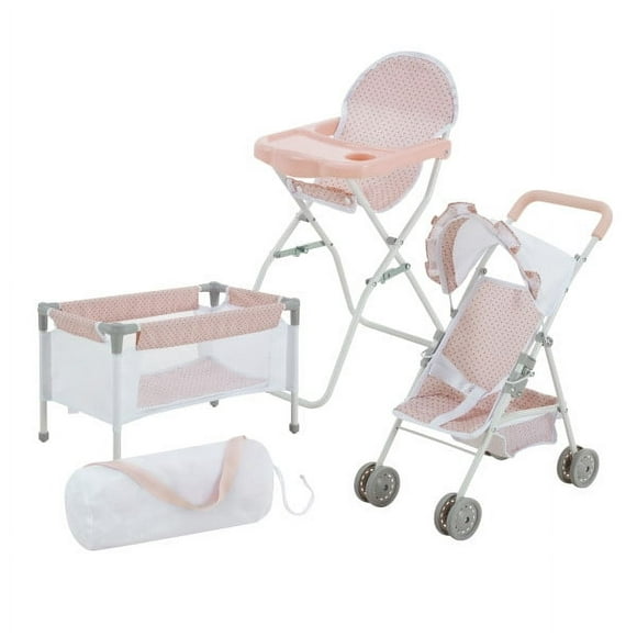 Teamson Kids Polka Dot Princess Baby Doll 3pc Nursery Set - Crib, High Chair & Stroller, Pink & Gray