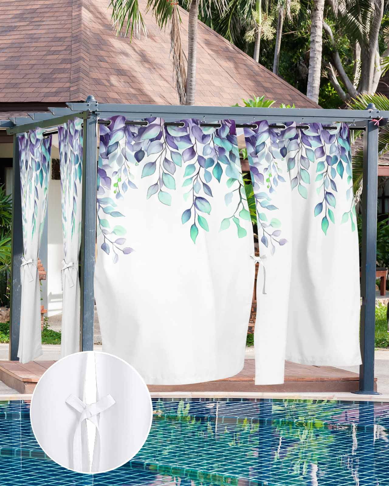 nqOlkjepod Outdoor Curtains for Patio Waterproof, Watercolor Eucalyptus Outdoor Privacy Panels Grommet, Spring Leaves Vintage Farmhouse Blackout Outside Curtains for Porch/Cabana 54"x95", 2 Panels