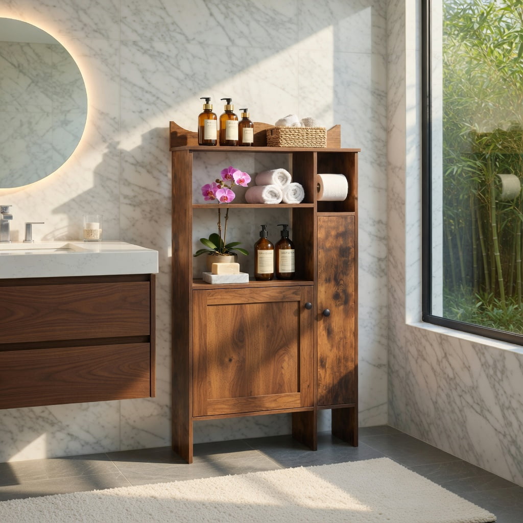 Hommoo Over the Toilet Storage Cabinet with Built-in Toilet Paper Holder, White Engineered Wood Bathroom Organizer for Small Spaces, Rustic Brown