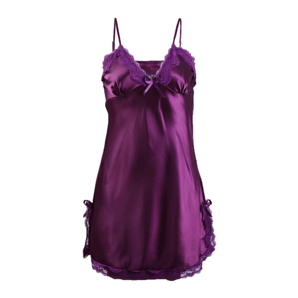 Vestido de pijama de pijama con ribete de encaje satinado sexy para mujer Púrpura encaje L