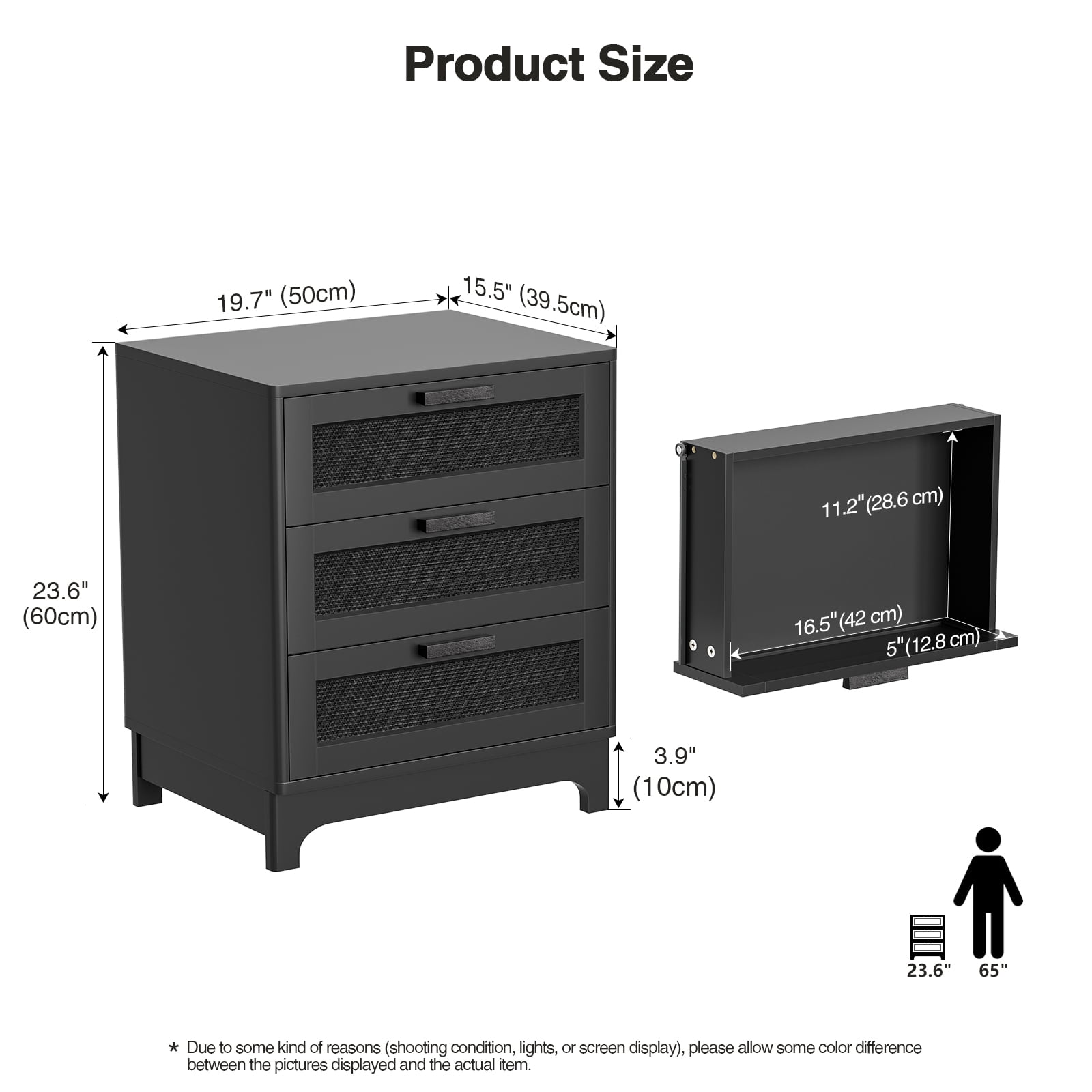 Eumyviv Tall Bedside Nightstand with 3 Drawers, Rattan Wood, Black
