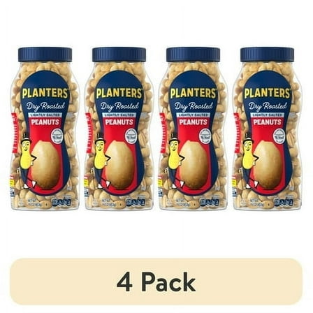 (4 pack) PLANTERS Lightly Salted Dry Roasted Peanuts, Party Snacks, Plant Based Protein, 16 oz Jar