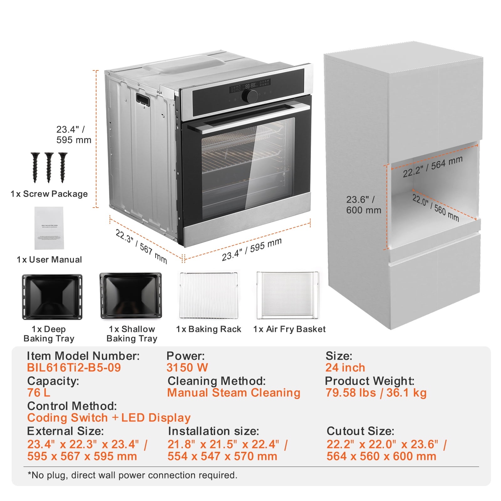 KFFKFF 24" Electric Built-in Wall Oven, 16 Cooking Modes, 2.68 Cu.Ft Capacity, 3150W Power, Includes Timer, Baking Rack, and Tray for Home Kitchens