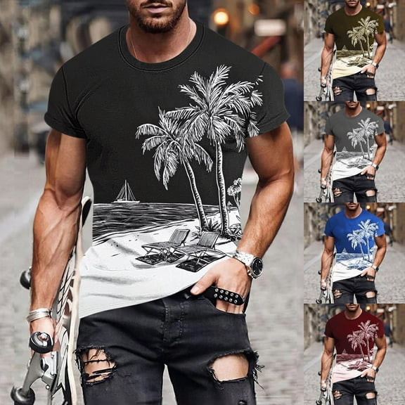 ZRGHAOYLQ Beach Palm Tree T-Shirts for Men Big and Tall Crewneck Shirt Tops Loose Fitted Short Sleeve Tees Shirts Lightweight Casual Crew Neck Workout Tshirts Trendy Summer Gym Shirts