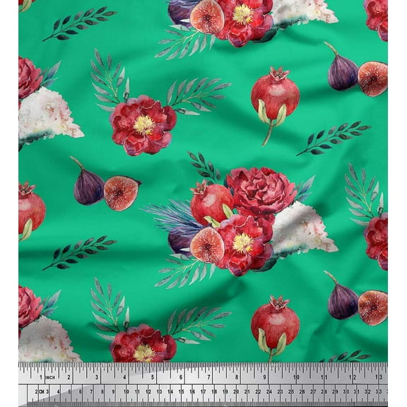 Soimoi Green Cotton Duck Fabric Fig,Pomegranate & Floral Printed Craft Fabric by The Yard 42 Inch Wide