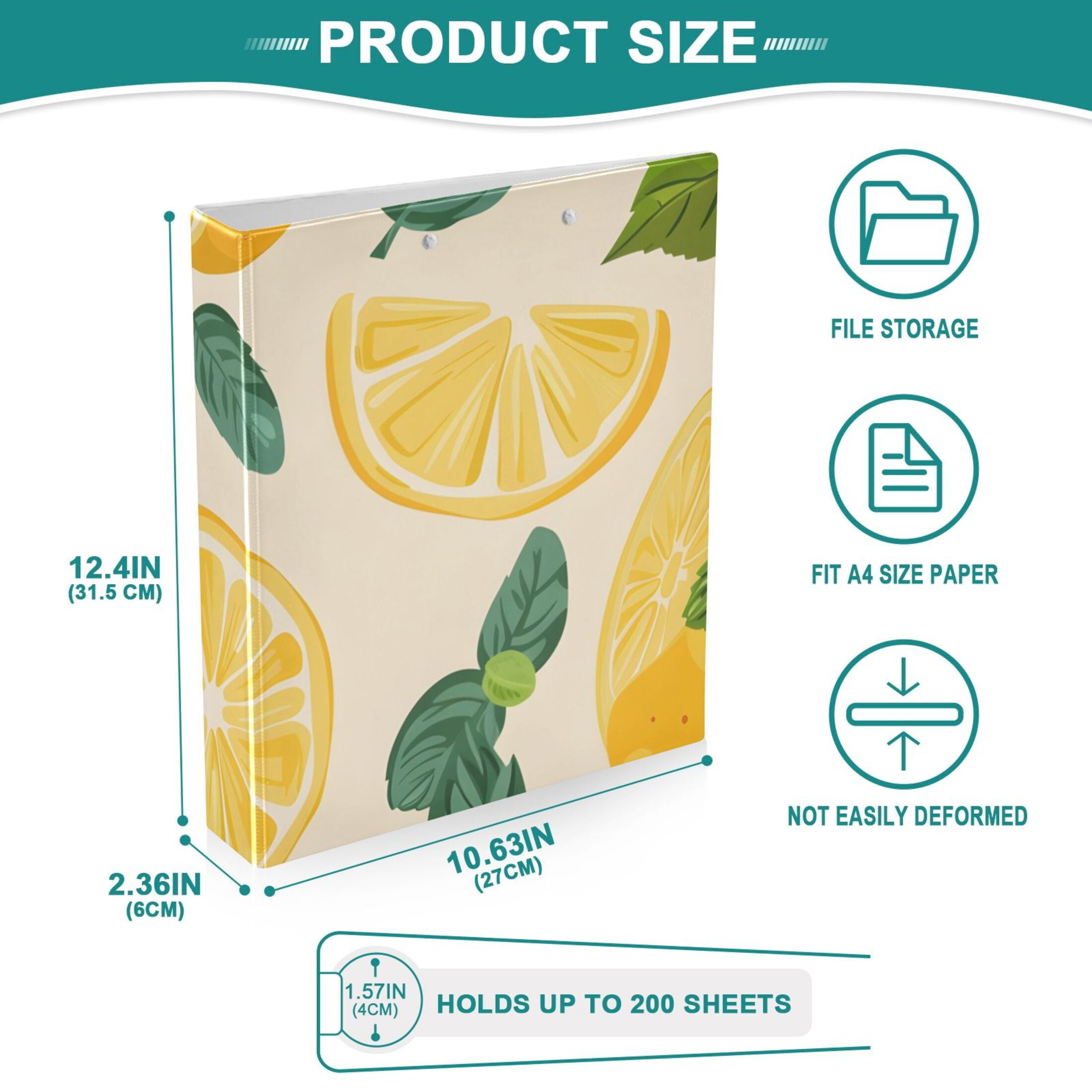 Lemon and Mint Leaves 3 Ring Binders 1.5 inch Hardcover File Folders with Interior Pockets A4 Size Organizer for School Office Hospital