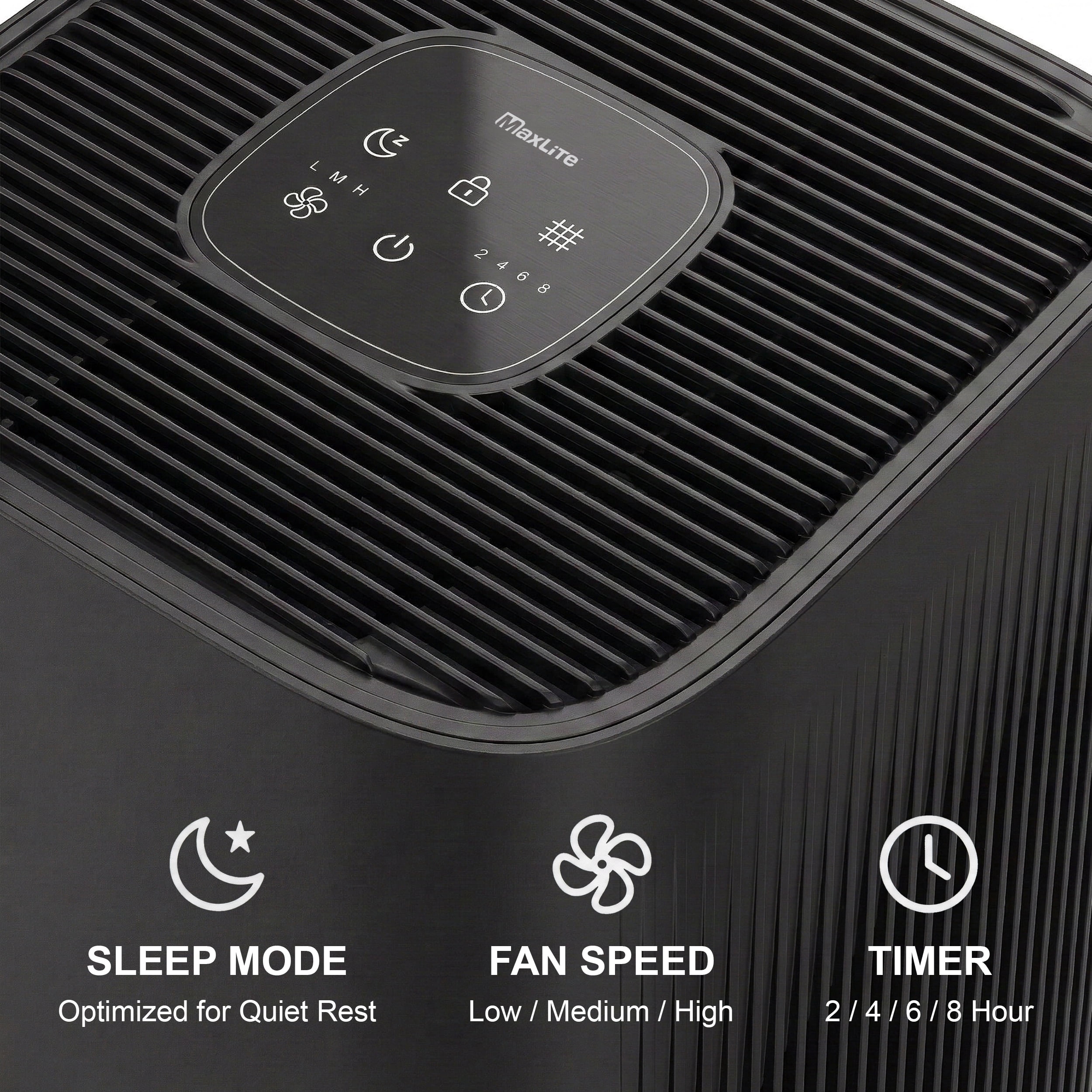 MaxLite Modern Air Purifier With True HEPA Activated Carbon Filter, 3-speed Fan, Timer, Sleep Mode, for Bedroom, Hallway, Kitchen, Office - Black