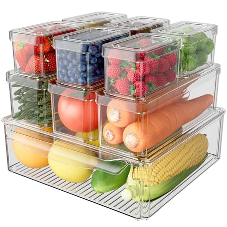 SpaceHacks 10 Pack Refrigerator Organizer Bins Stackable with Lids, Clear Fridge Organizers and Storage, Kitchen Organizer Storage Containers for Fruit, Produce, Food, Vegetables C40
