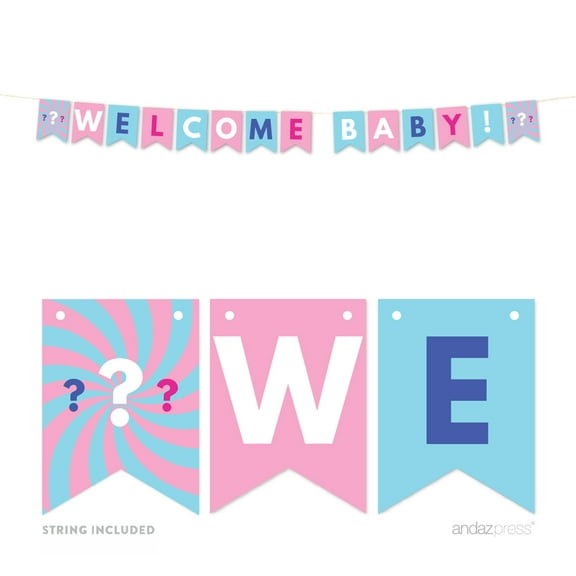Gender Reveal Baby Shower Pink or Blue, Welcome Baby 5-Feet Hanging Pennant Party Banner with String