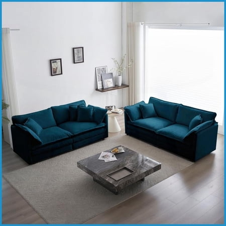 Modern 2-Piece Chenille Sofa Set 2+2 Seat Upholstered Loveseat & Couch for Living Room/Home Office Flexible Modular Design Blue