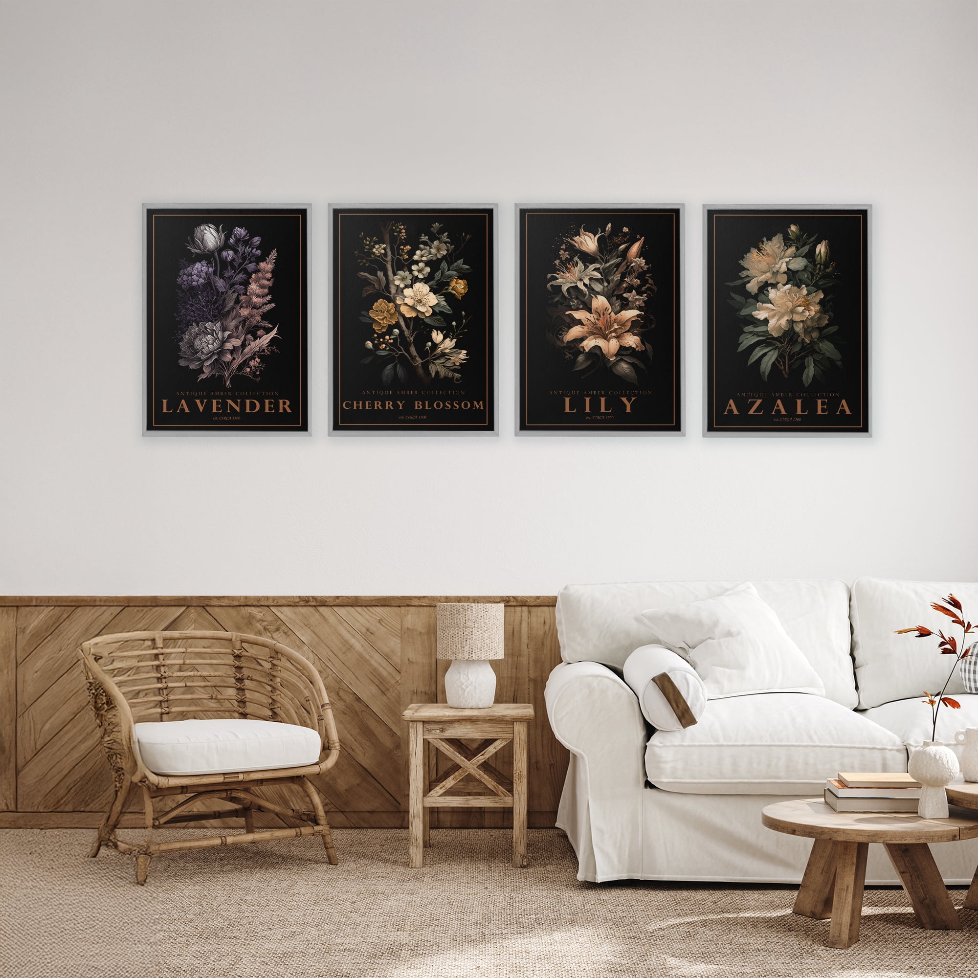 Stupell Industries Antique Varied Botanical Blooms 4 Piece Gray Framed Giclee Art Set, design by Chris Giampietro