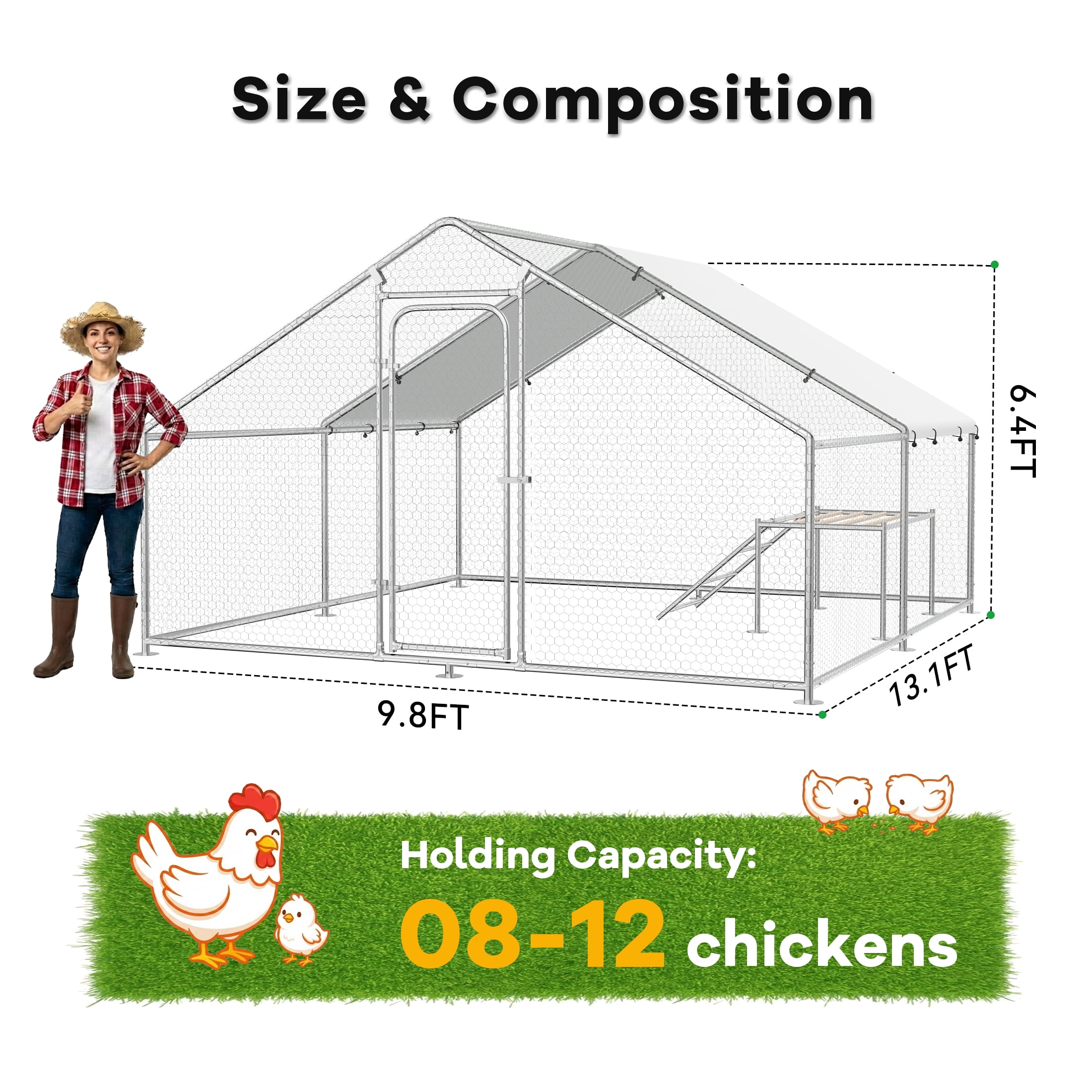 YOKWOK 13.2'Lx10'W Large Metal Chicken Coop for 8-12 Chickens, Walk-in Poultry Cage with Waterproof Cover & Chicken Perch, Heavy Duty Chicken Run for Outdoor Backyard Farm Use, Spire Roof