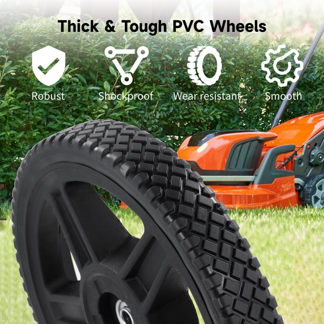 2 Packs 12 Inch Lawn Mower Wheels, Heavy-Duty PVC Mower Replacement Wheels with Double Bearings, Universal Push Lawn Mower Tires with 1/2-Inch Spoke Hole
