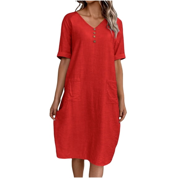 Efsteb Short Sleeve Dresses for Women Spring V-Neck Resort Dress Solid Color Casual Loose Fit Button Dress Vacation ,Size:S