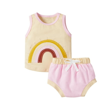 

Kiapeise Baby Cotton Casual 2 Pcs Rainbow Printed Round Collar Vest + Shorts