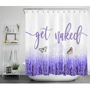HVEST Get Naked Shower Curtain Lavender Floral with Butterfly Purple and White Bathroom Curtain Farmhouse Bathroom Decor Polyester Waterproof Fabric Spring Bath Curtain with 12 Hooks, 72x78 Inch