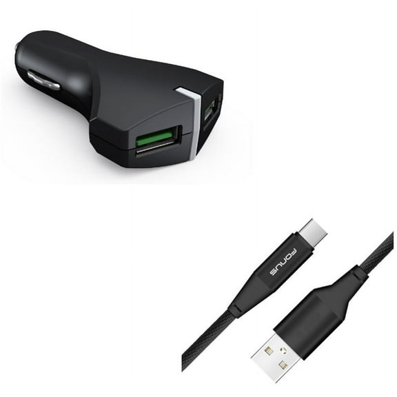 2-Port USB 36W Fast Car Charger w Charger Cord Type-C 10ft USB Cable J6Q for OnePlus 5T, 6, 6T, 7 Pro - Razer Phone 2 - RED Hydrogen One - Samsung Galaxy Tab S3 9.7 S9 Plus, S8  S8, S10e S10