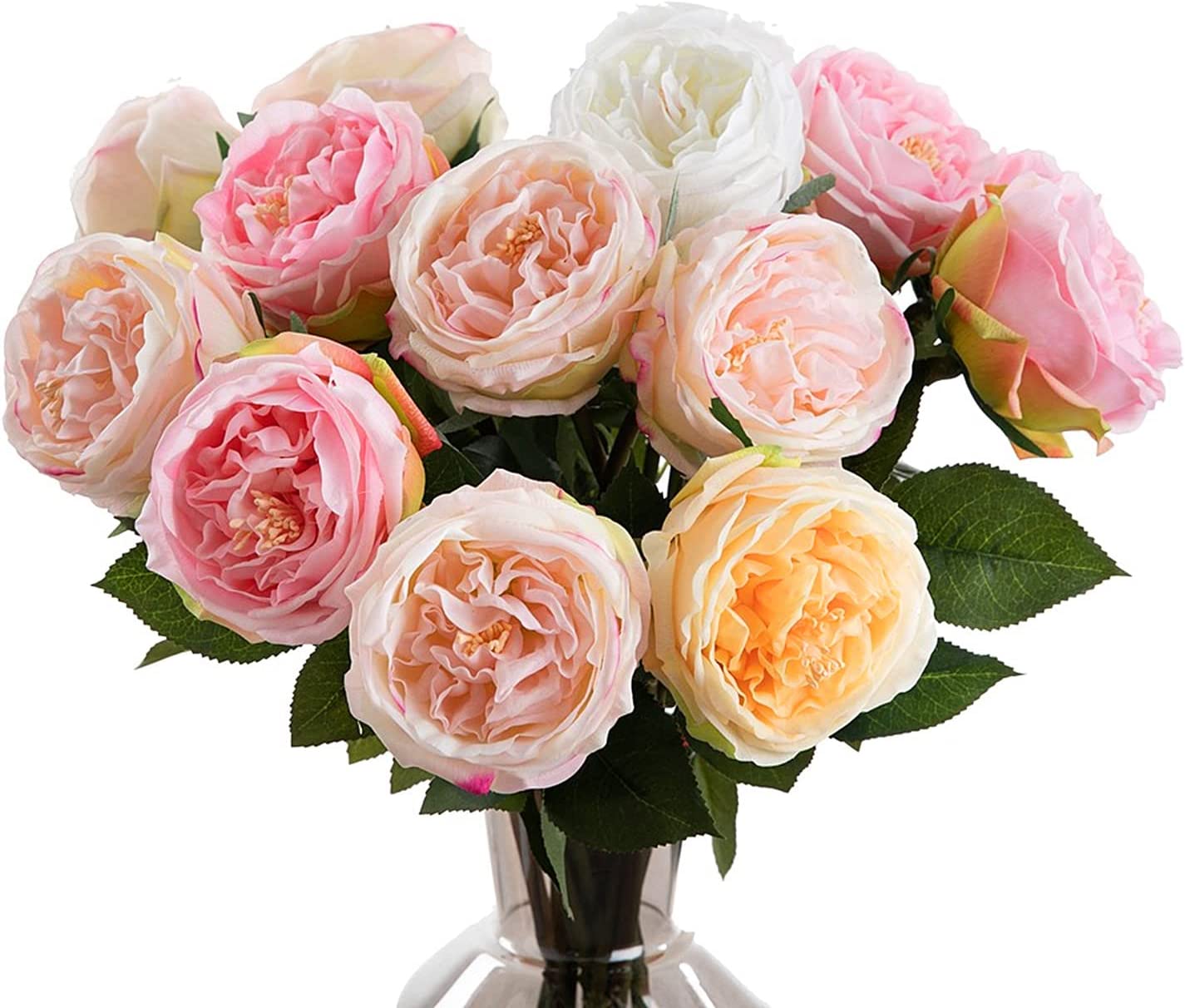UKELER Artificial Roses 4 Pcs Real Touch Artificial Flowers Champagne Austin Rose Peony with Stem for Home Decor Flower Arrangement Wedding Party Decoration
