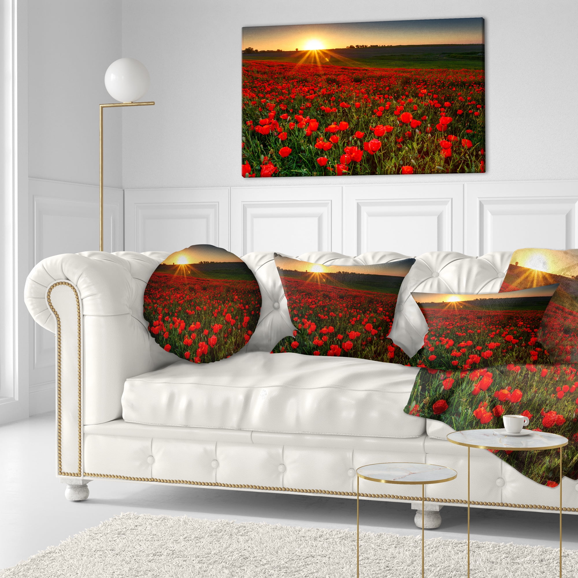 Designart Sunset over Garden with Red Poppies - Floral Throw Pillow - 12x20