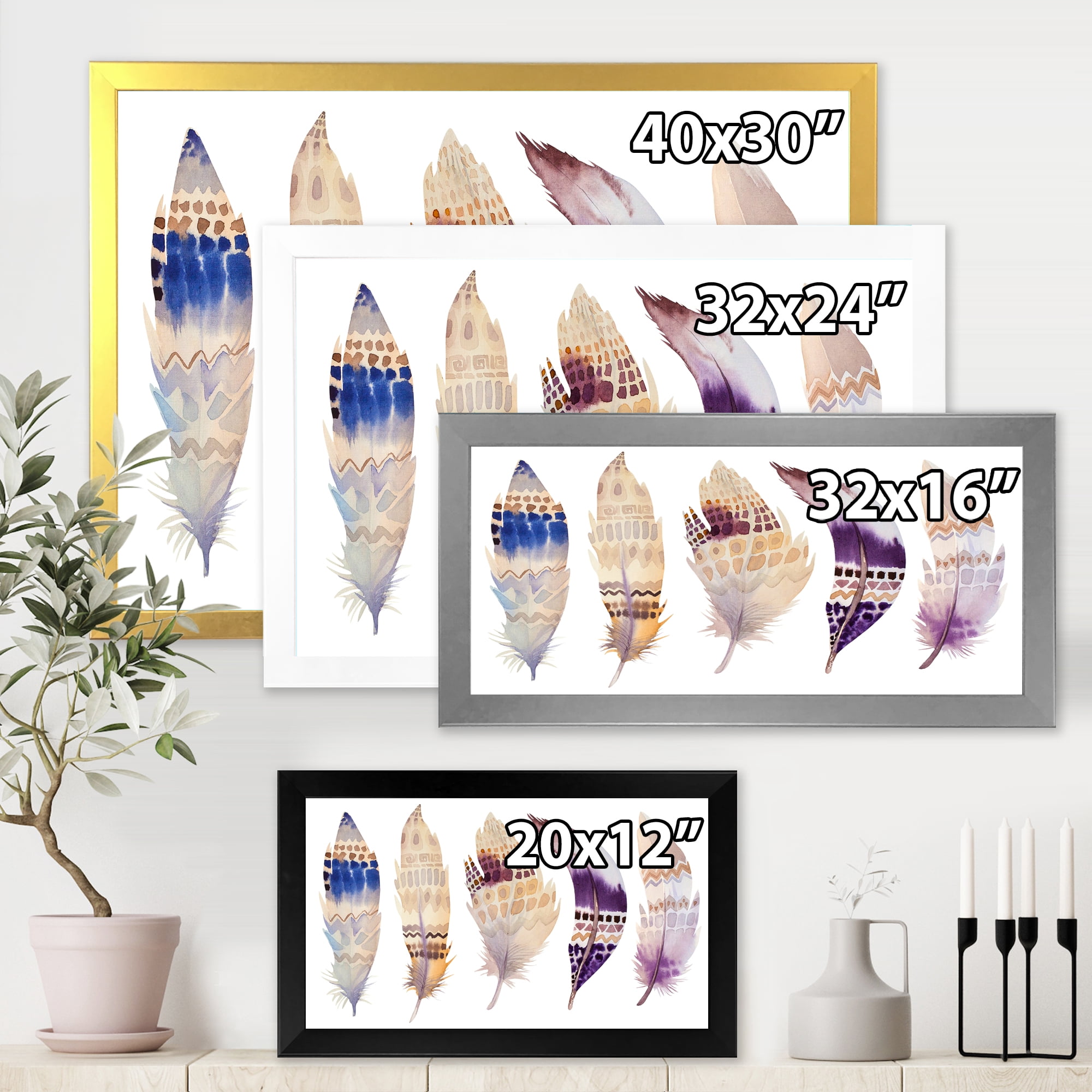 Designart 'Ethnic Purple Boho Art Feathers' Bohemian & Eclectic Framed Art Print