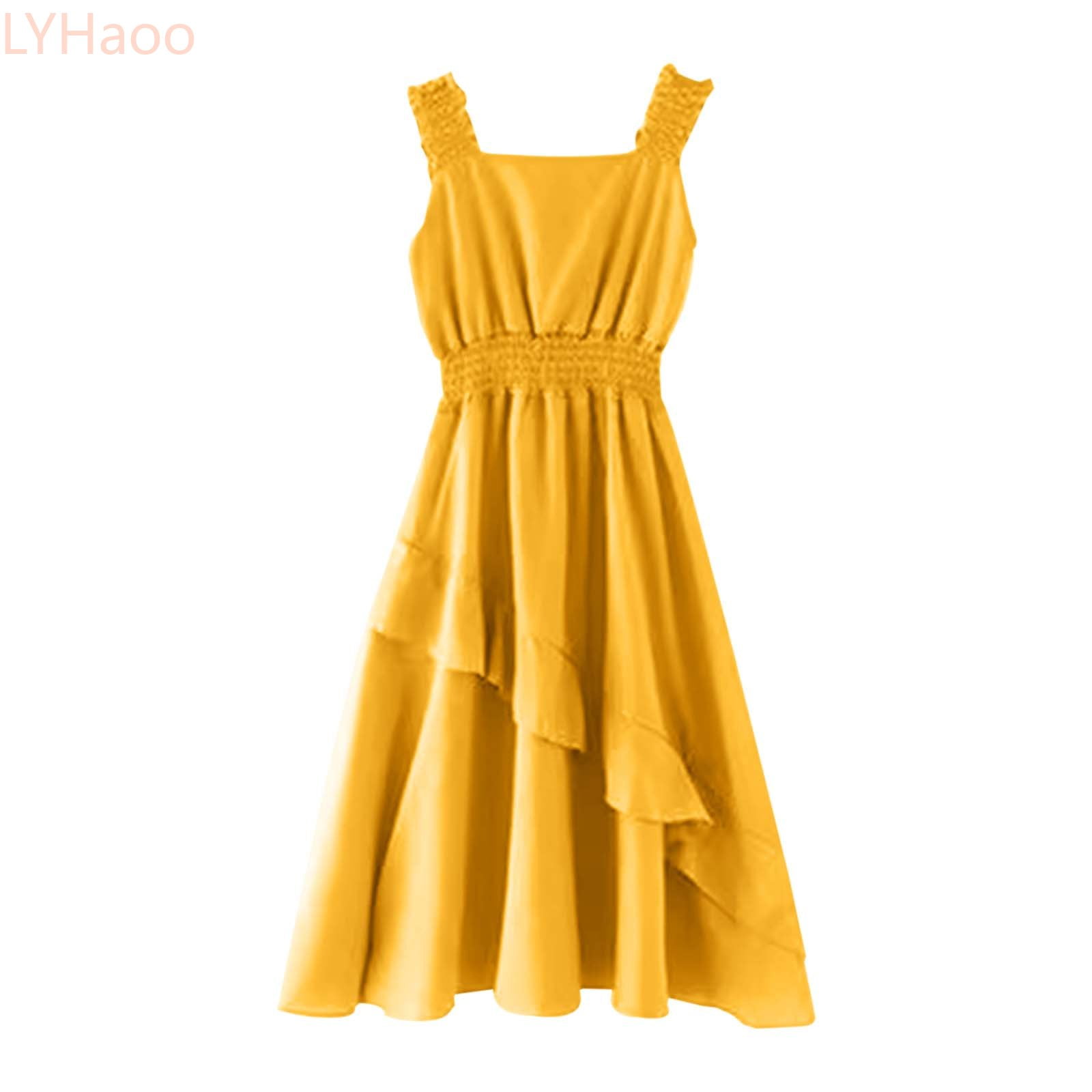 LYHaoo Trendy Girls Dresses For Everyday Casual And Beach Wear Ruffled Pleated Skirt Comfortable Stretchy Waist Summer Girls Basic Dresses Sizes 8-9 Years Yellow