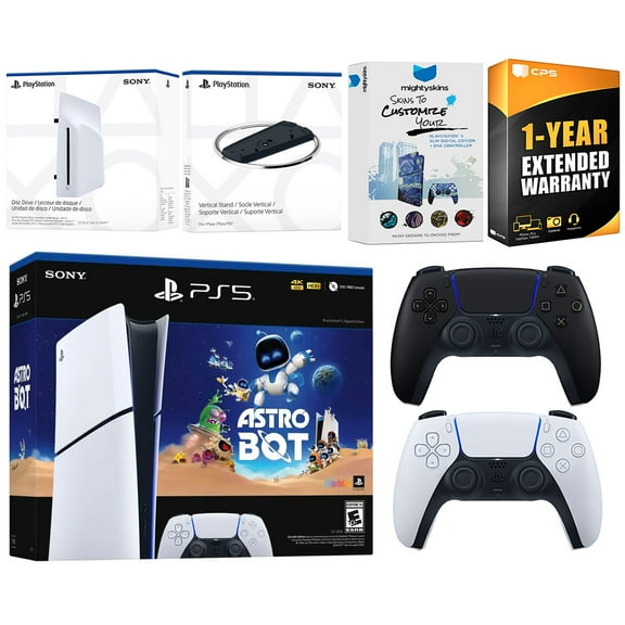 Sony PlayStation 5 Astro Bot Slim Digital Bundle with Disc Drive, Extra Controller, Vertical Stand, MightySkins Voucher and 1 Year Extended Warranty - Midnight Black