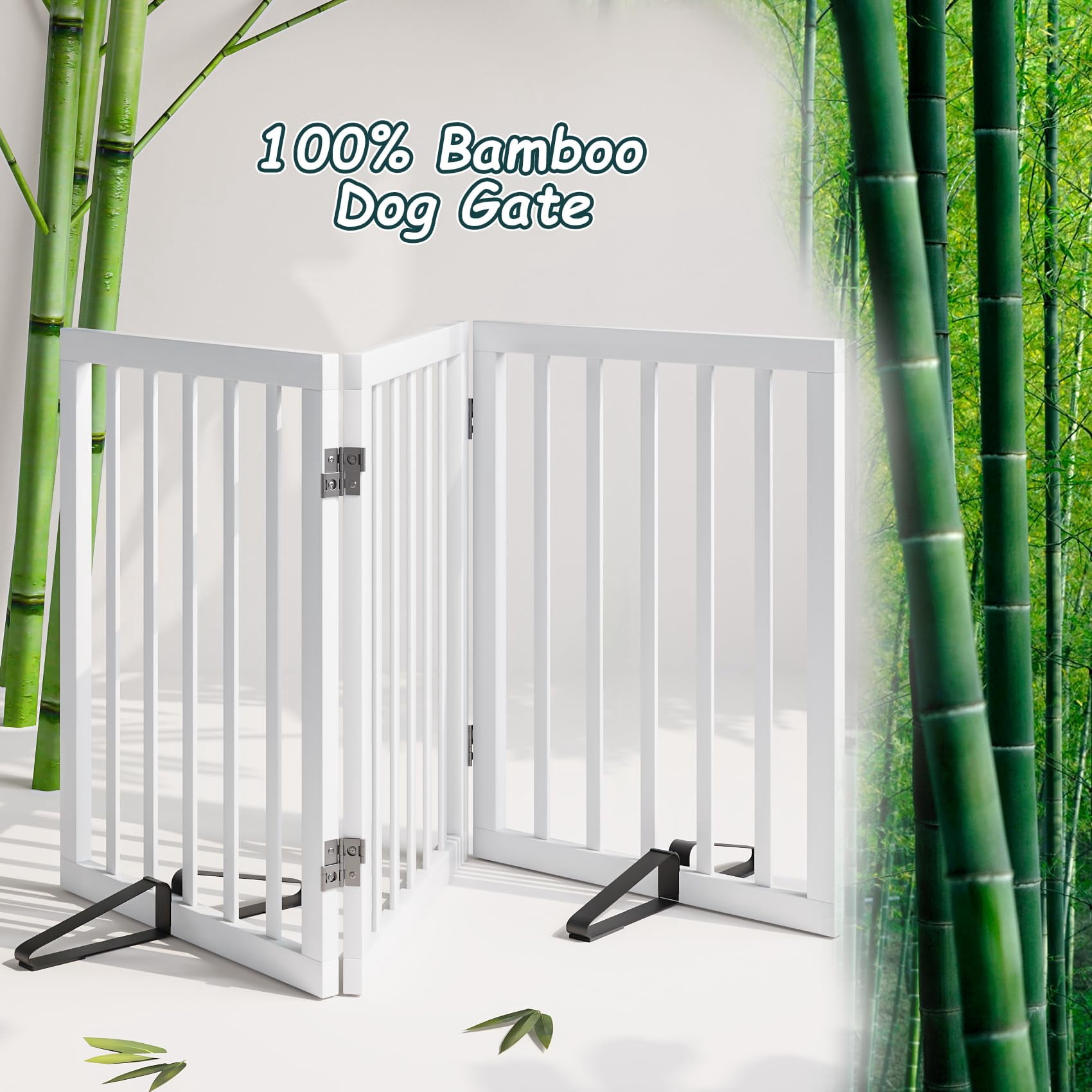 Semiocthome Foldable Dog Gate Bamboo Extra Wide Pet Gate with 2 Metal Stand for Indoor,White,55"W