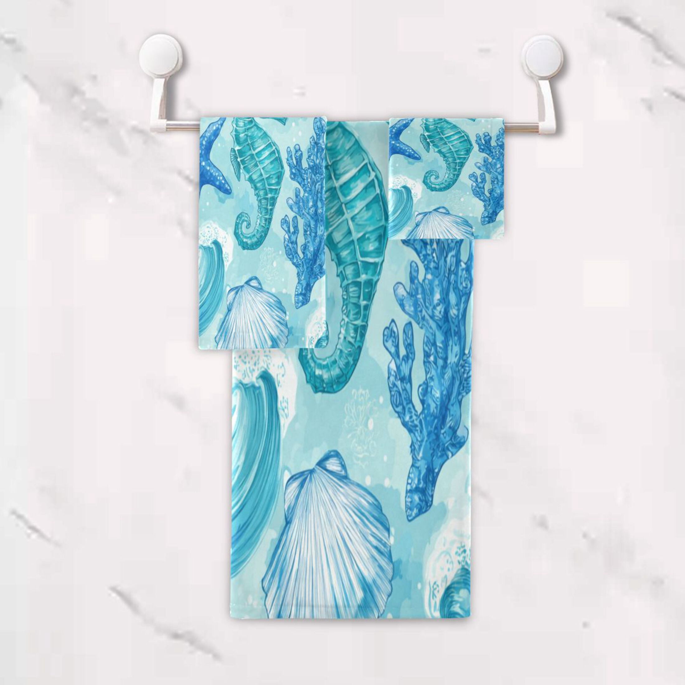 3 Pack Towel Set - Bath Towel, Hand Towel & Washcloth for Daily Household Use Nautical Blue Sea Life Art