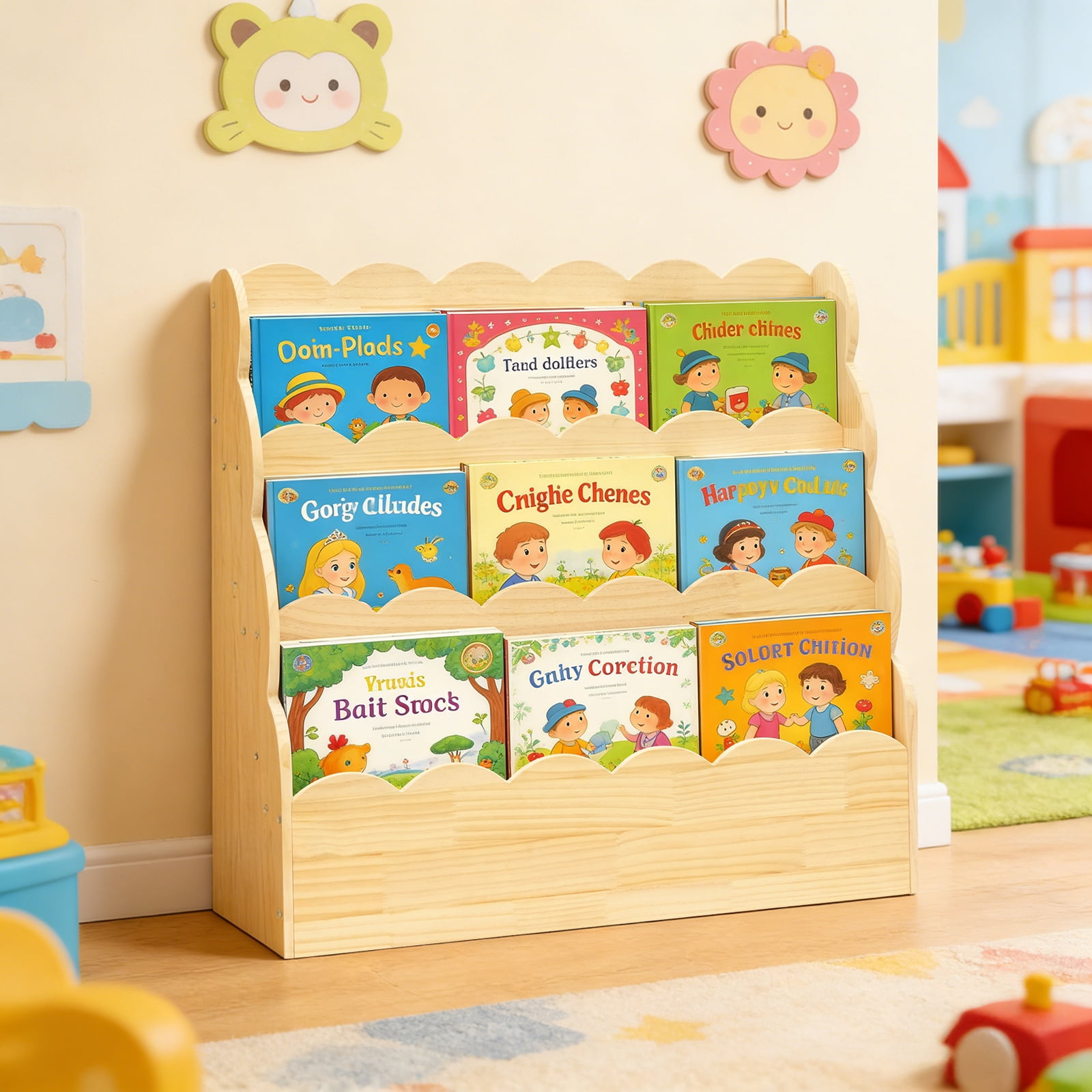Yeulluey 3-Tier Scalloped Bookshelf, Montessori Bookcase for Toddlers, Wooden Book Shelf Organizer Display Furniture for Kids Rooms, Playroom, Nursery , Natural