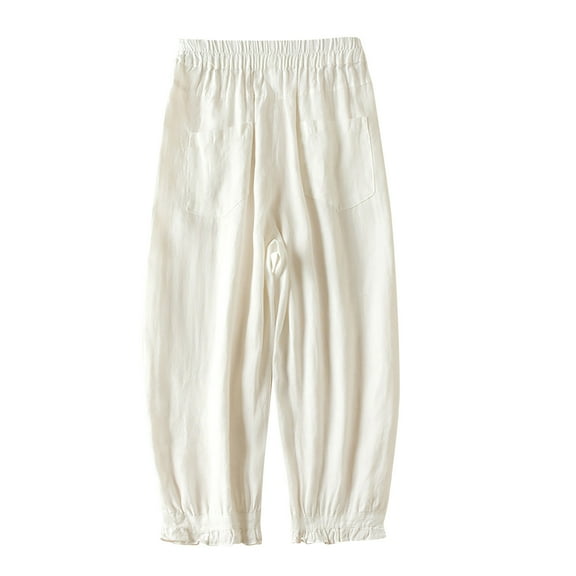 BLVB Womens Cotton Linen Pants Elastic High Waist Wide Leg Pants Casual Plus Size Lounge Trousers with Pockets