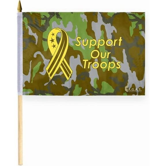 AGAS 12x18 Inch Military Stick Flags- mounted on 24 Inch tall x 5/16 inch dia Natural Wood pole with a gold ball spear