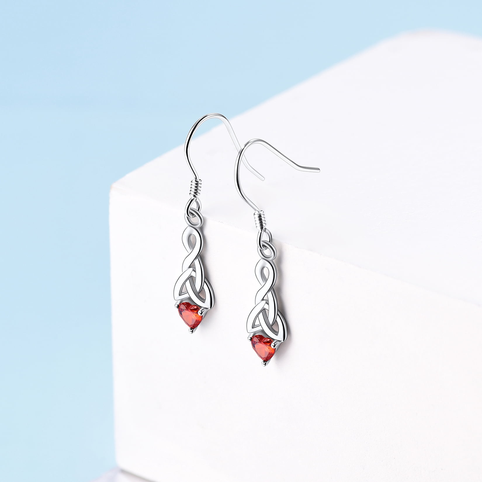 Suplight Silver Celtic Knot Heart Dangle Earrings with Birthstone, Irish Celtic Jewelry for Women